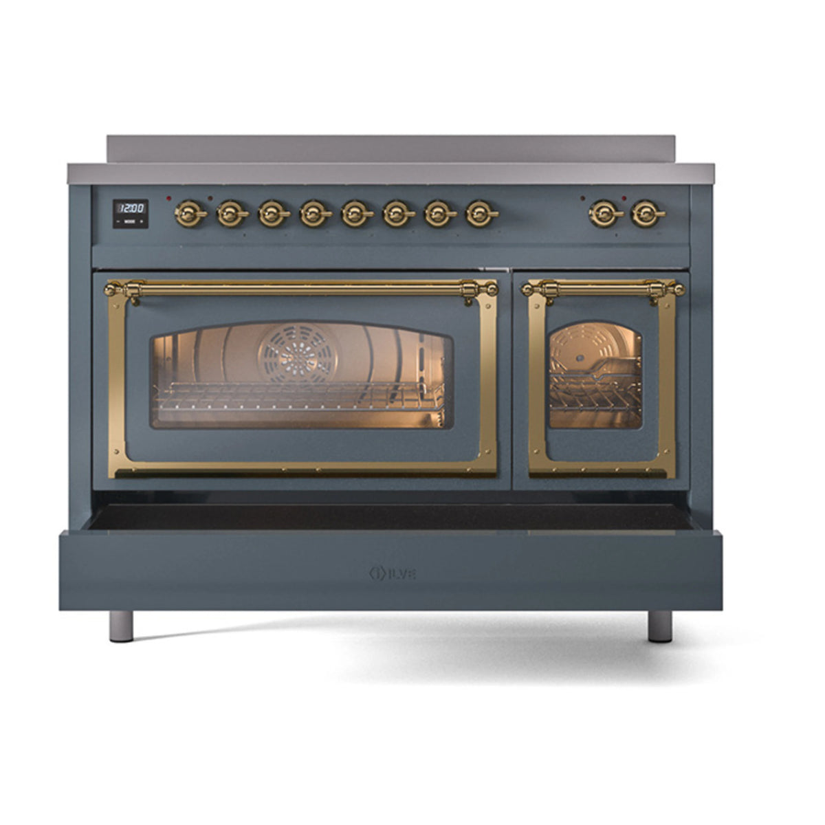 Blue grey induction range with oven doors open, brass handles and warm interior light