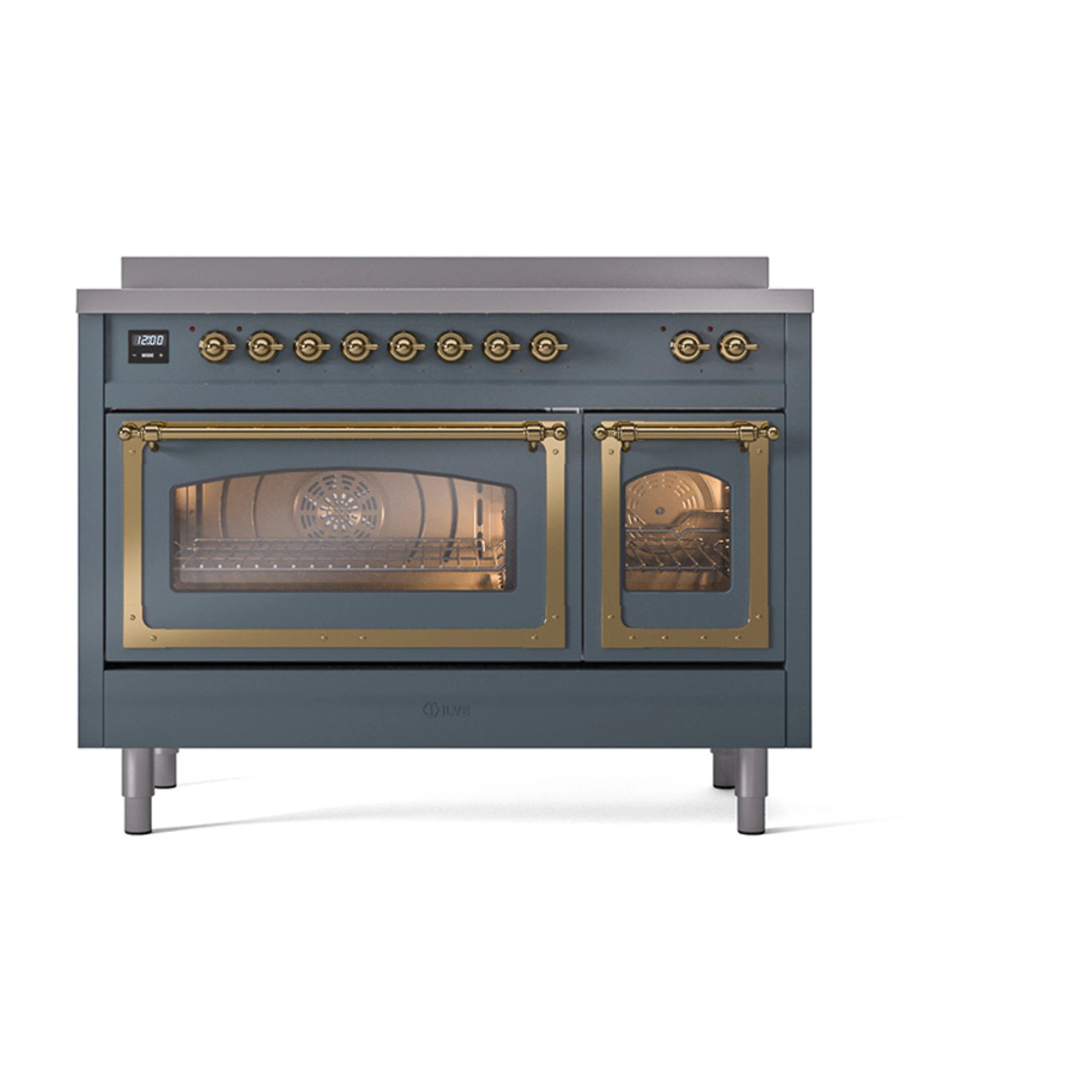 Blue grey induction range with triple glass doors closed and brass trim, front view