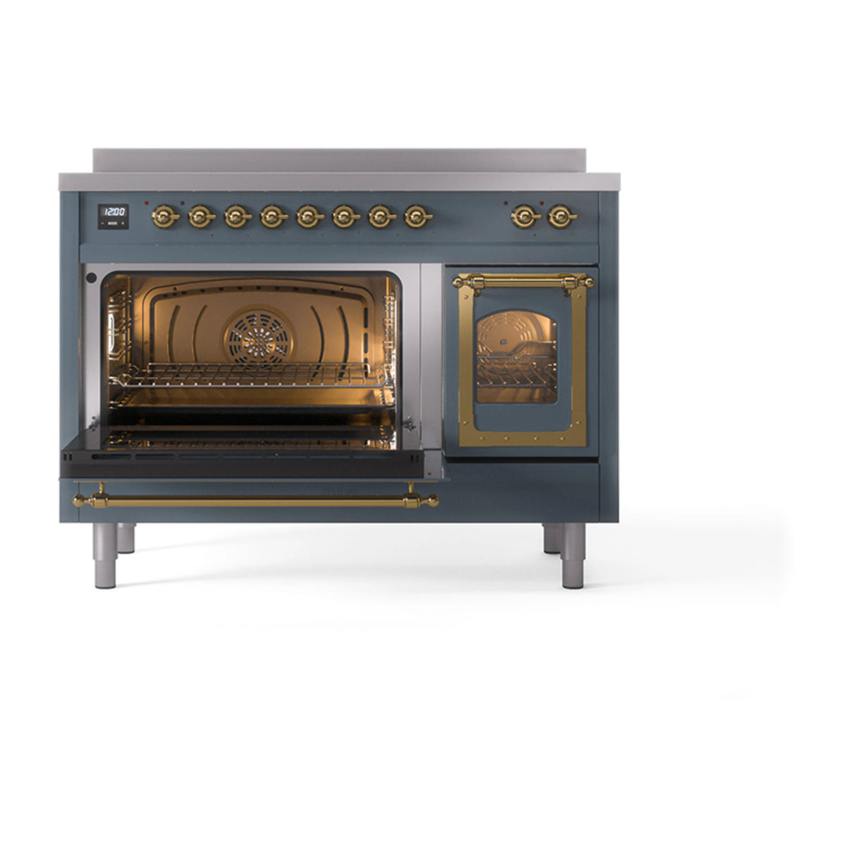Blue grey induction range with left oven door open and right door closed, brass trim