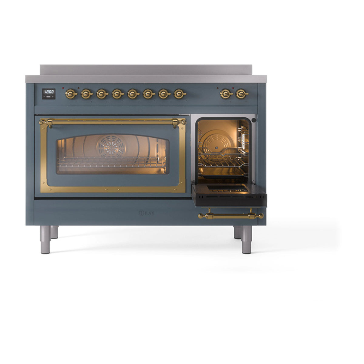 Blue grey induction range with triple glass oven doors and brass trim, front view