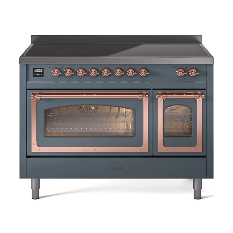 ILVE Nostalgie II Noblesse 48-Inch Induction Range with Triple Glass Door in Blue Grey with Copper Trim (UNI486NMPBGP)