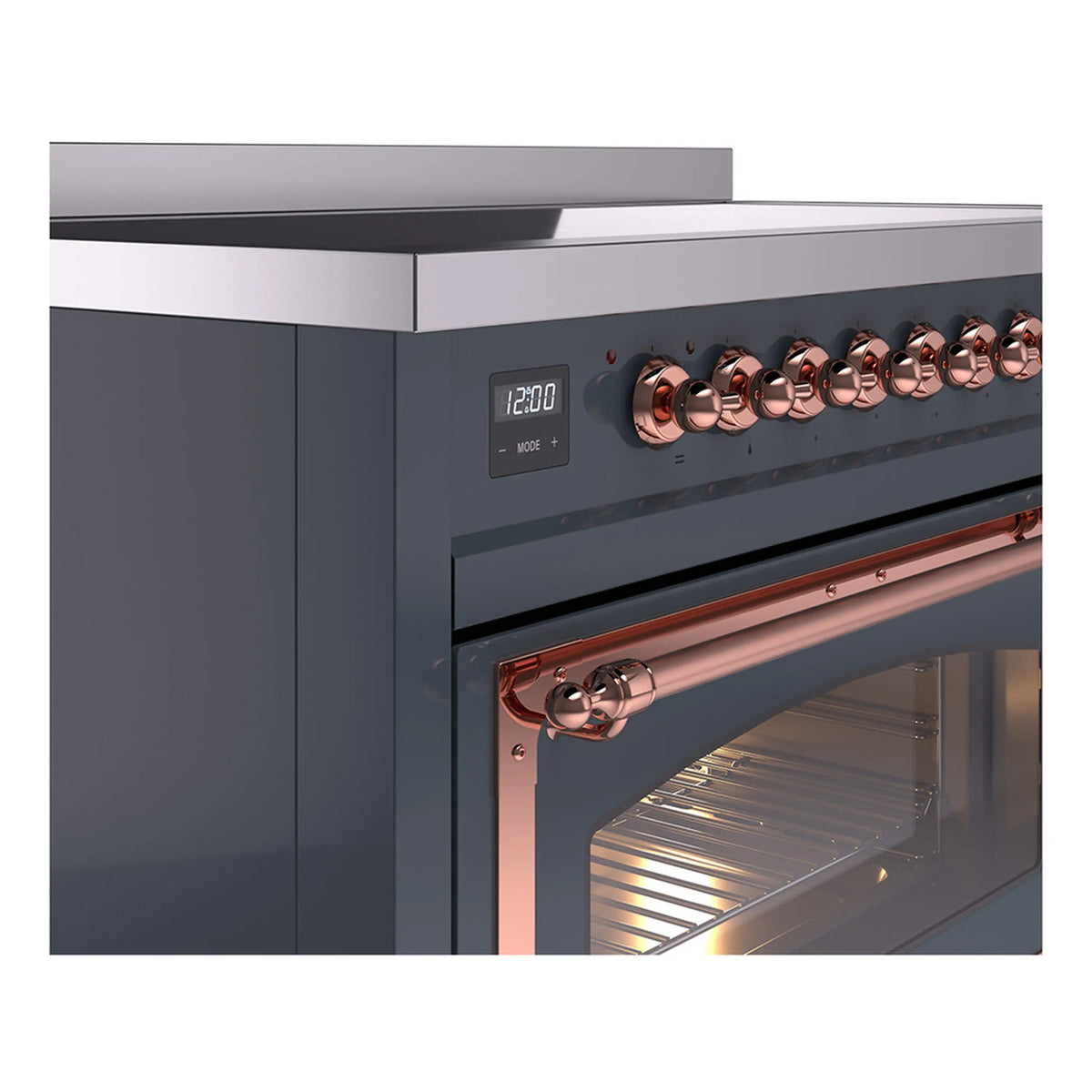 Blue gray induction range control panel with copper knobs and oven window handle