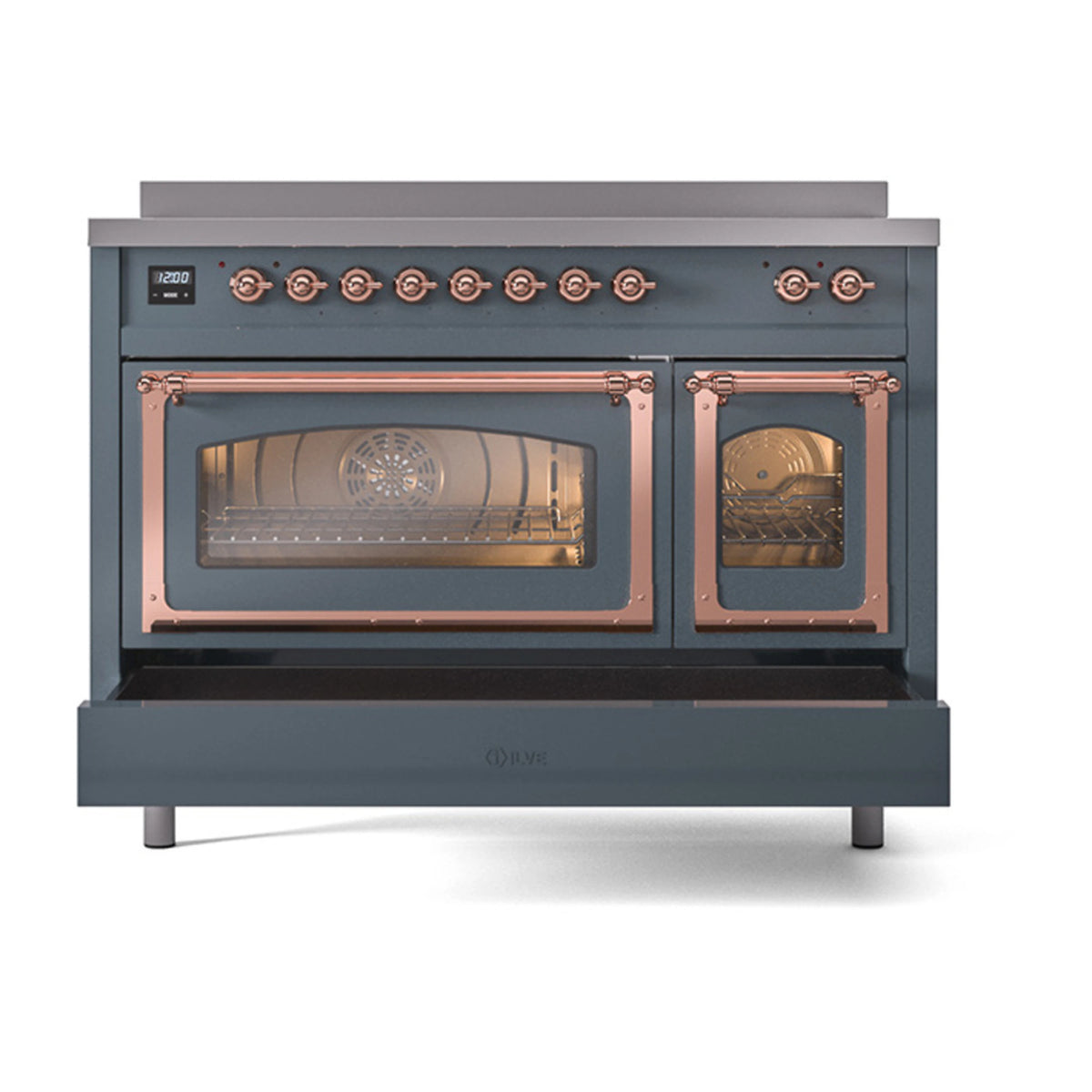 Blue gray induction range front with copper trim, triple glass doors, and knob row