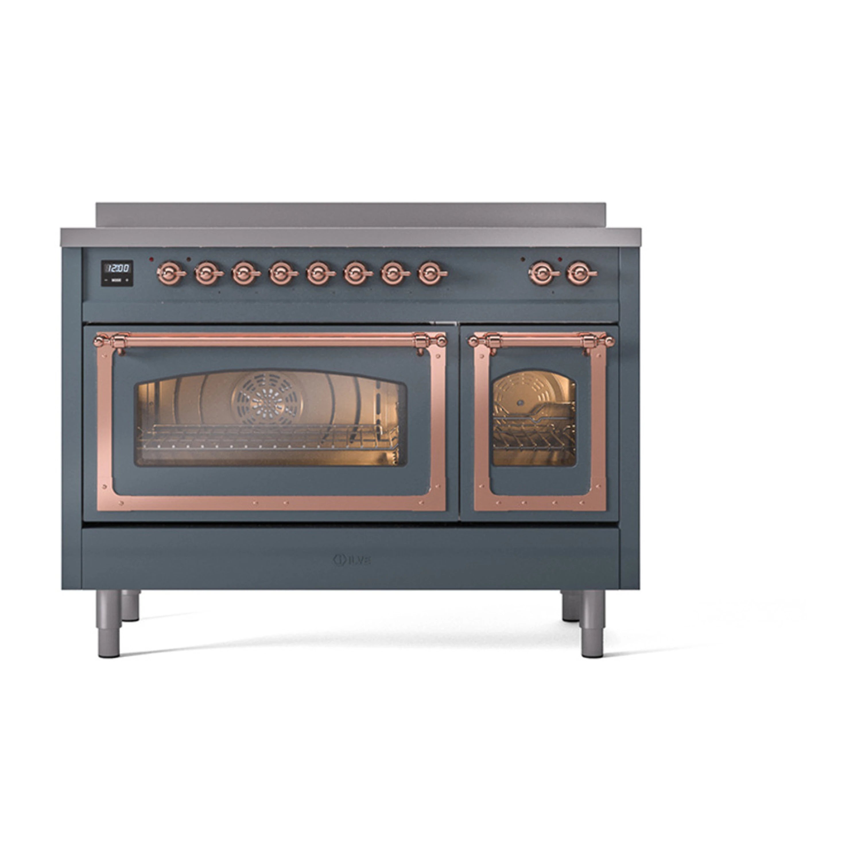 Blue gray induction range with triple glass doors and copper handle trim