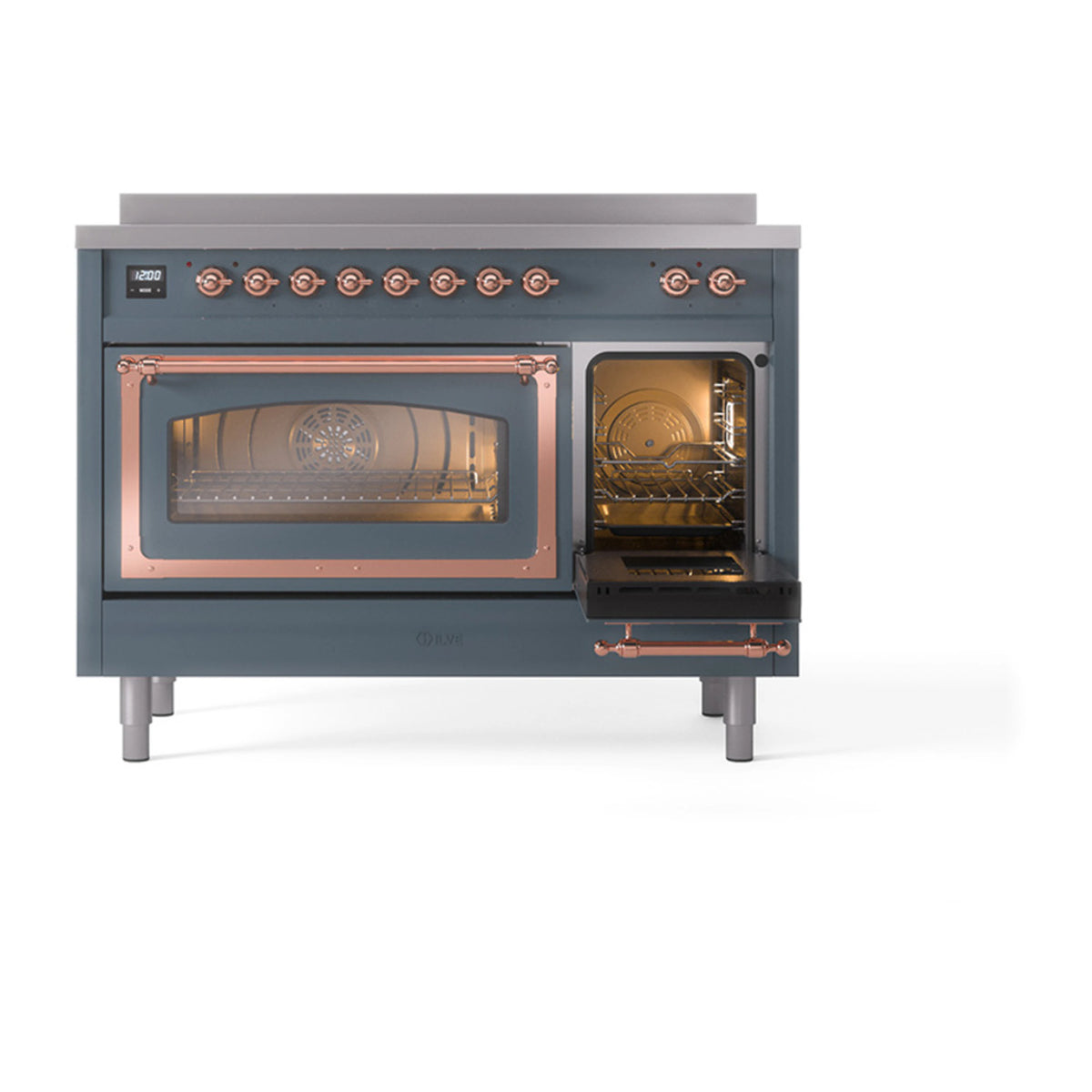 Blue gray induction range with copper-trimmed triple glass doors and round control knobs