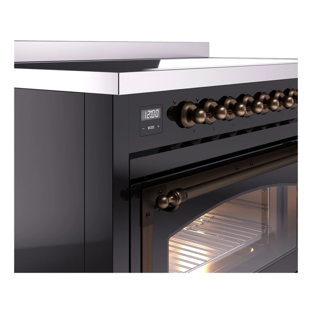 Close-up of bronze control knobs and digital display on a glossy black induction range.