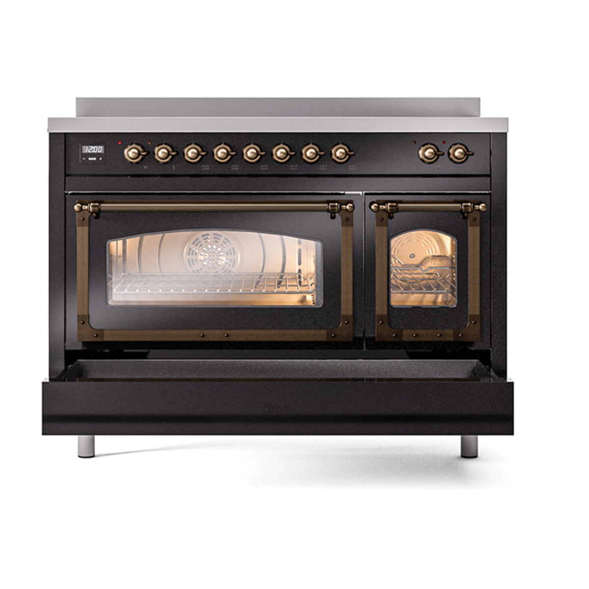Glossy black induction range with triple glass doors and bronze-trimmed controls, open.