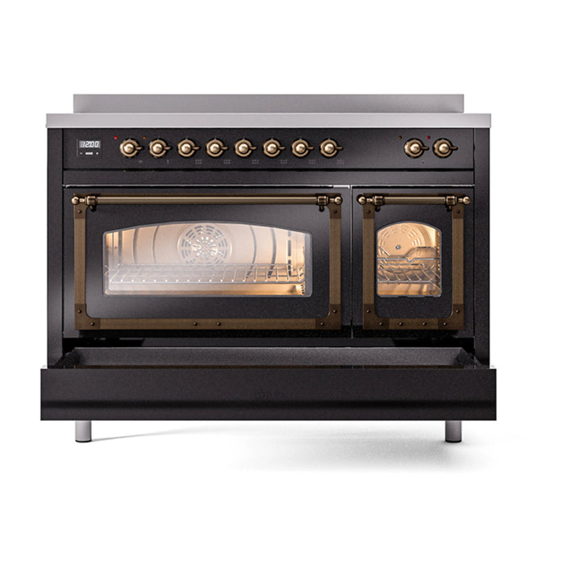 ILVE Nostalgie II Noblesse 48-Inch Induction Range with Triple Glass Door in Glossy Black with Bronze Trim (UNI486NMPBKB)