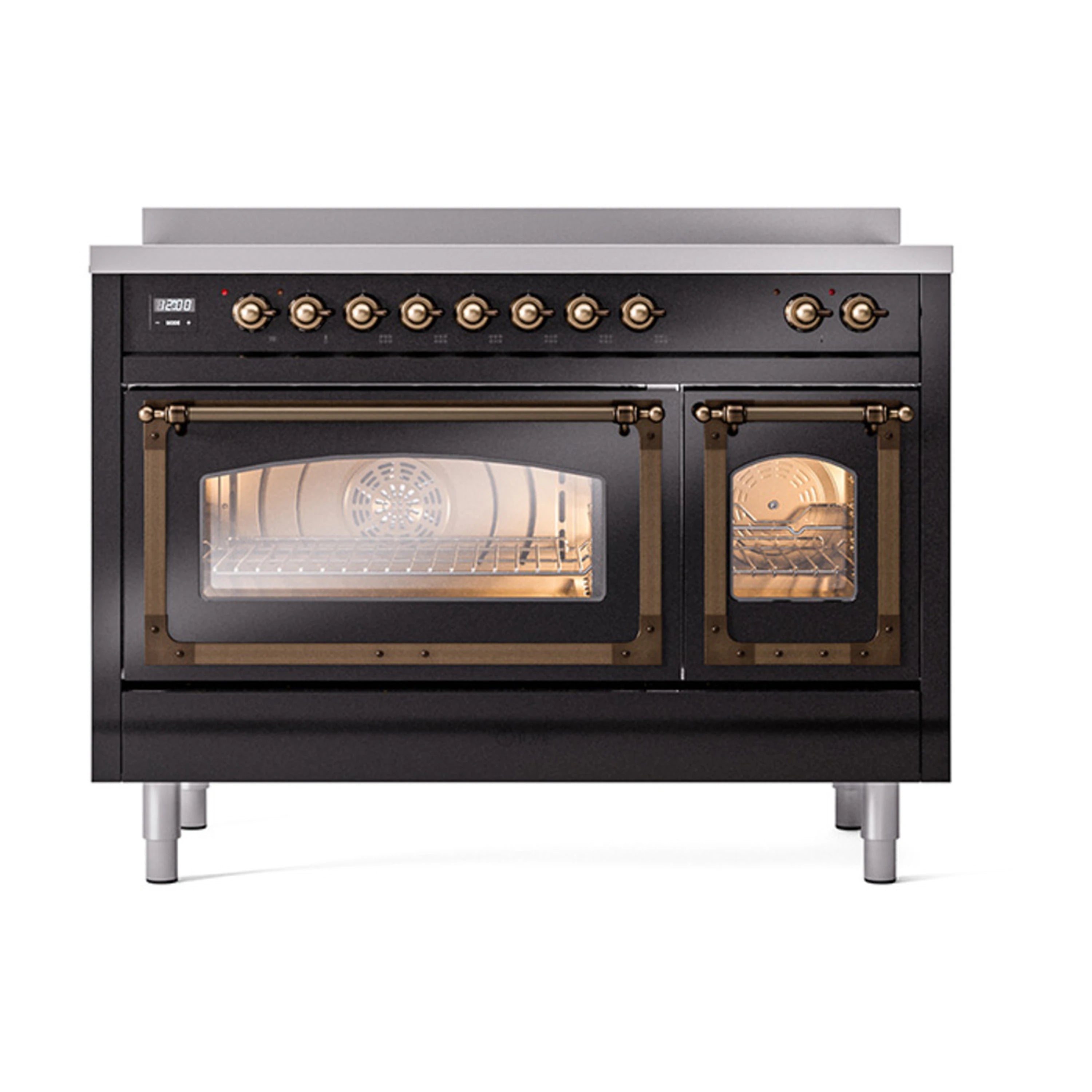 Glossy black induction range with triple glass doors and bronze-trimmed knobs, open.