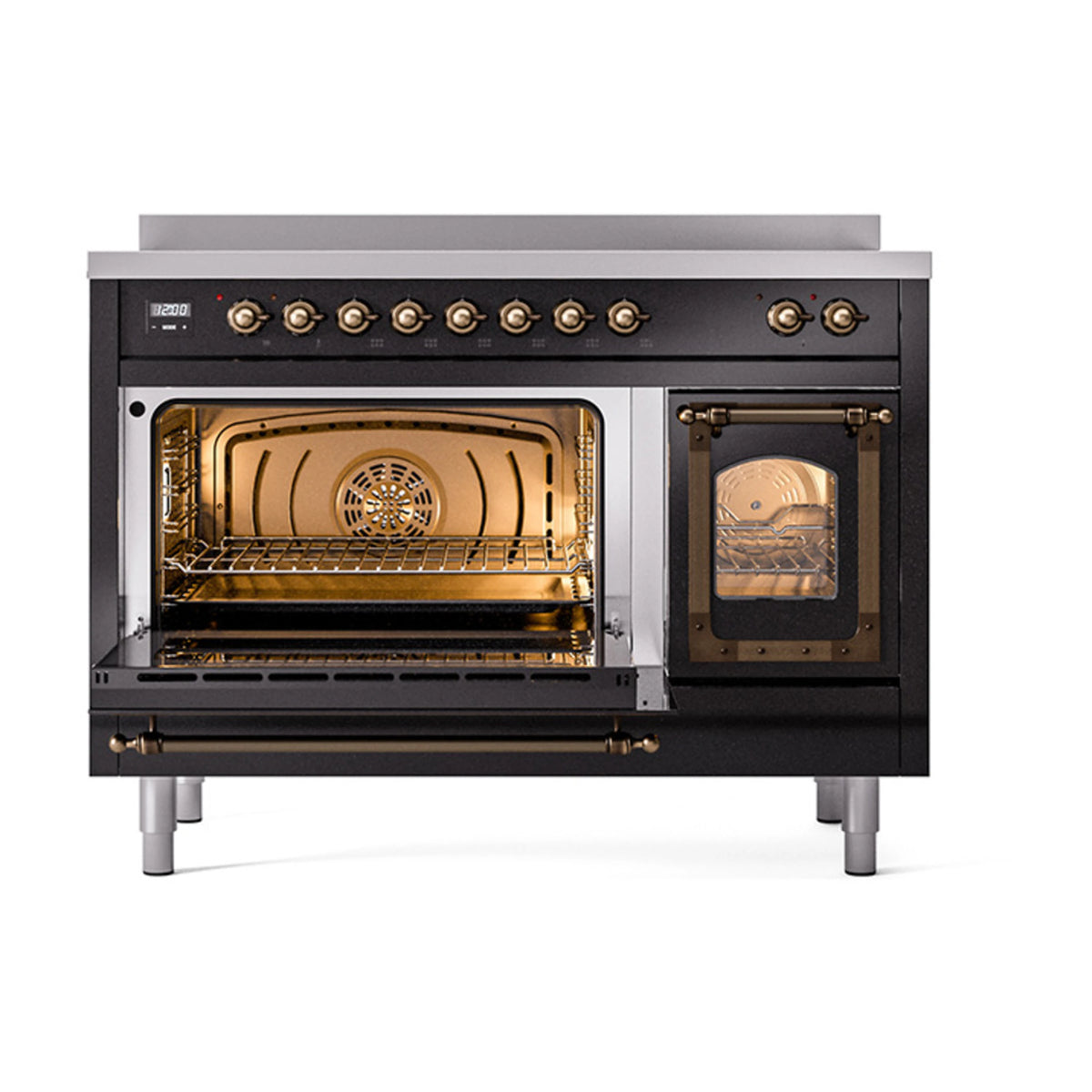 Glossy black induction range with main oven open and side door open; bronze trim.
