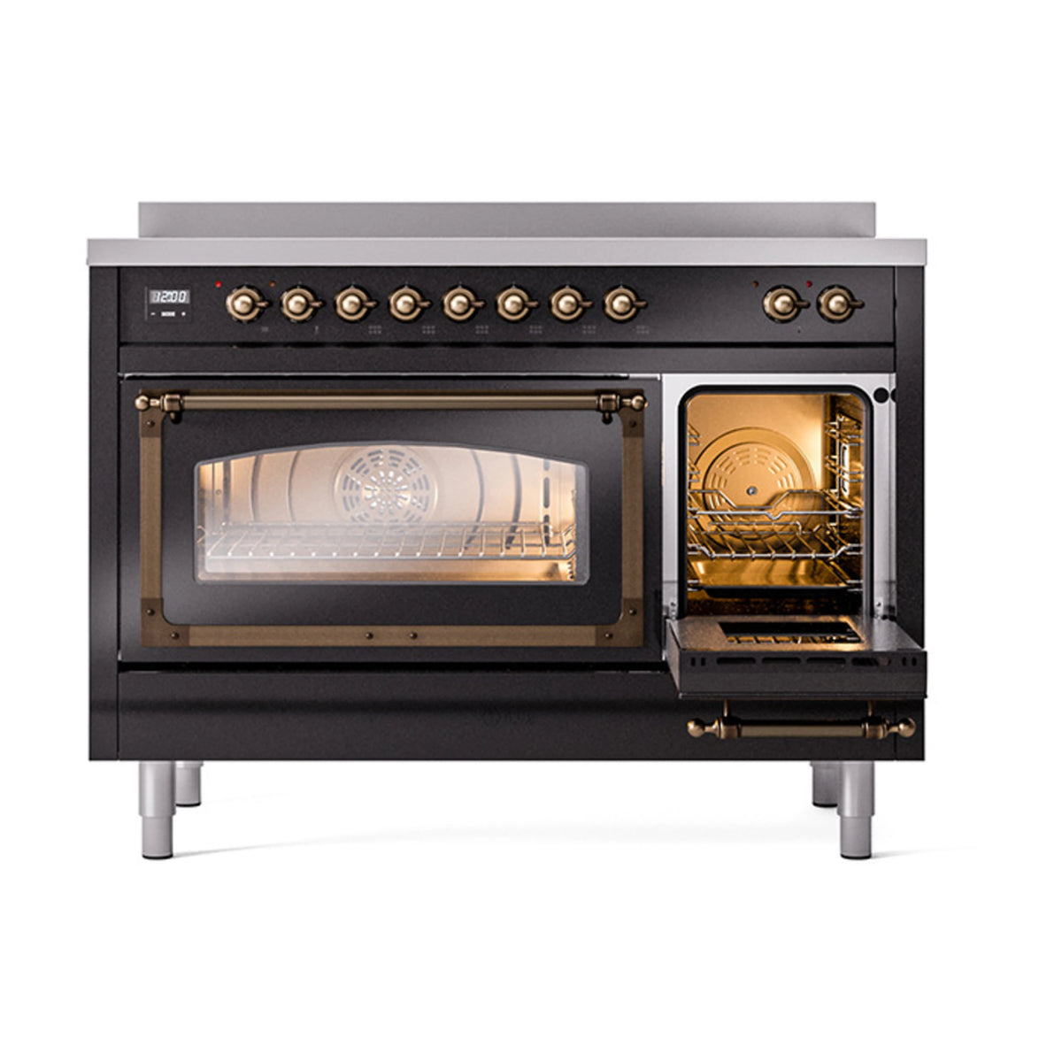 Glossy black induction range with left oven open and right side door open; bronze trim.
