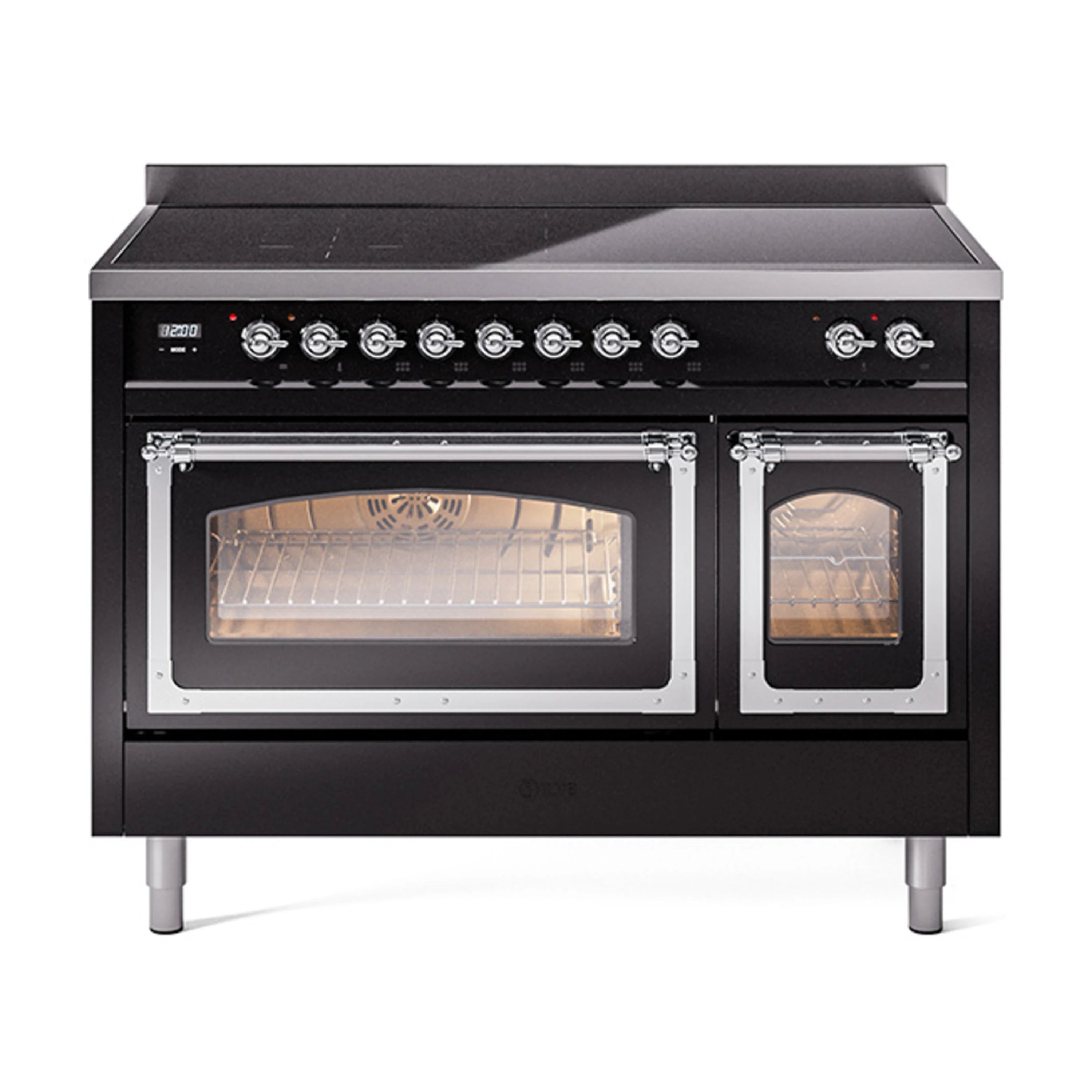 Glossy black induction range front with oven doors open and illuminated interiors