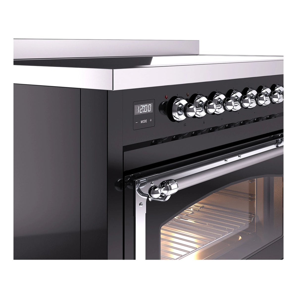 Close-up of glossy black induction range controls and chrome oven door handle