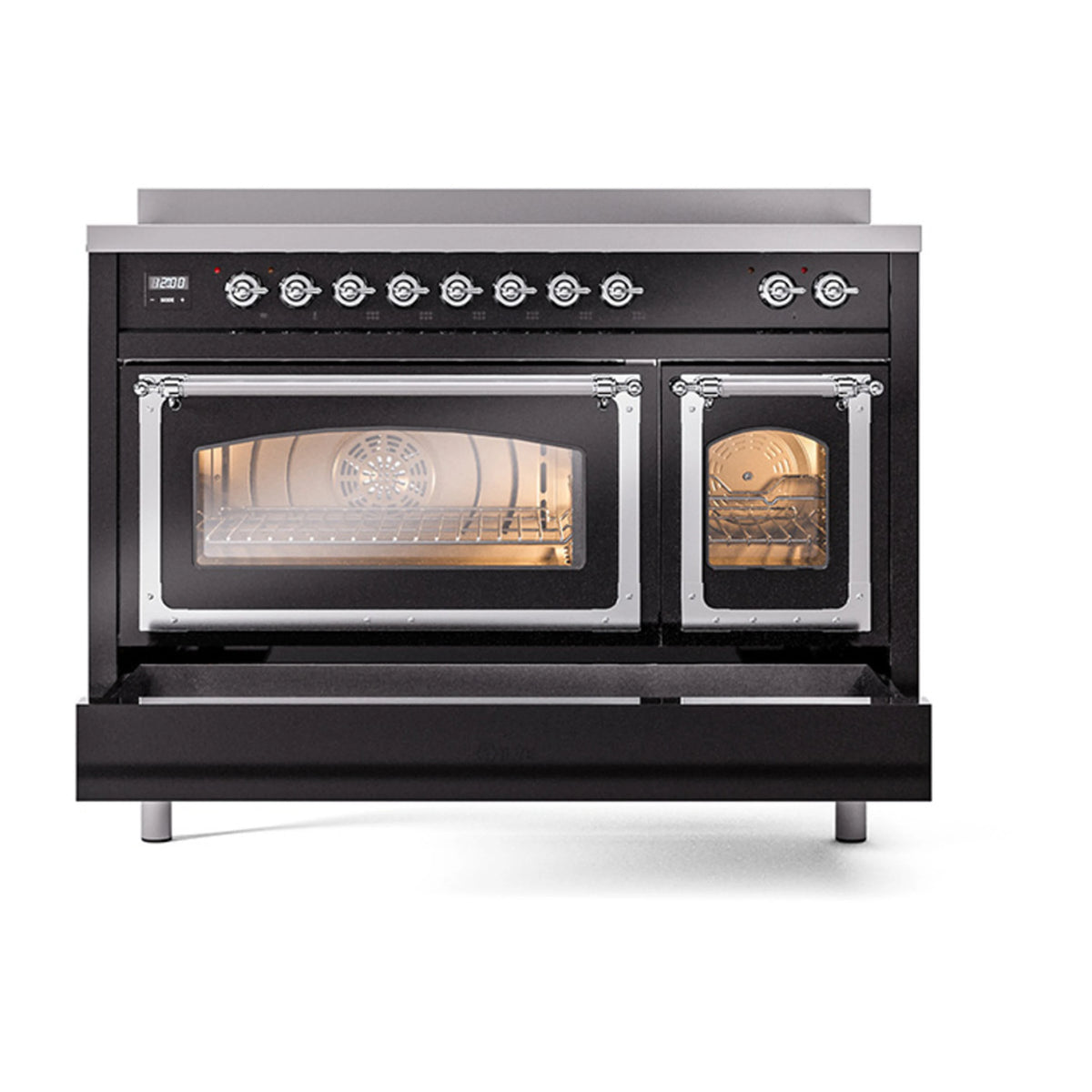Black induction range with double oven doors open and interior lights on