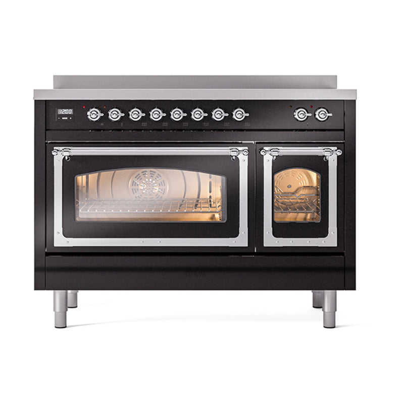 ILVE Nostalgie II Noblesse 48-Inch Induction Range with Triple Glass Door in Glossy Black with Chrome Trim (UNI486NMPBKC)