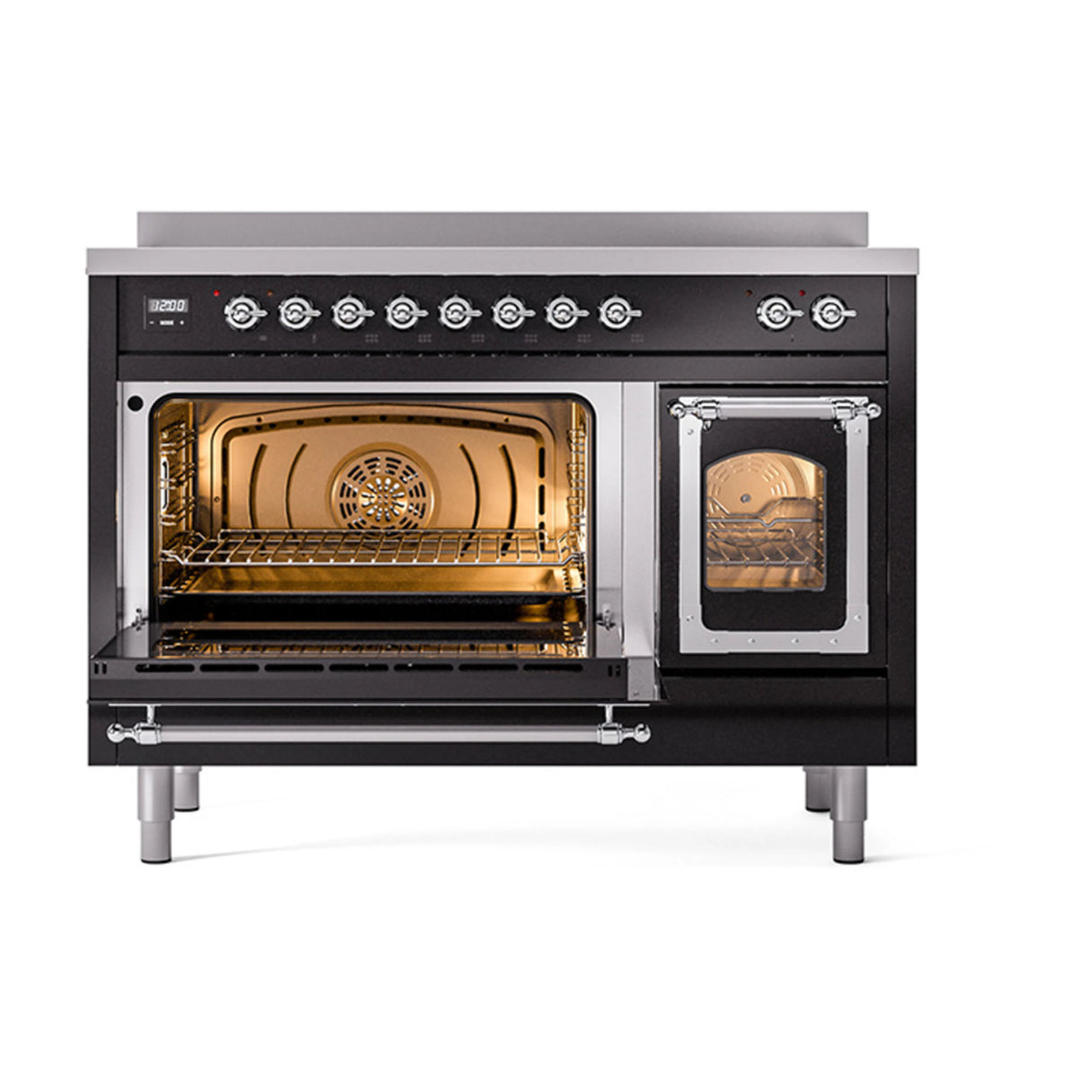 Induction range with one oven door open, chrome trim, and interior rack view