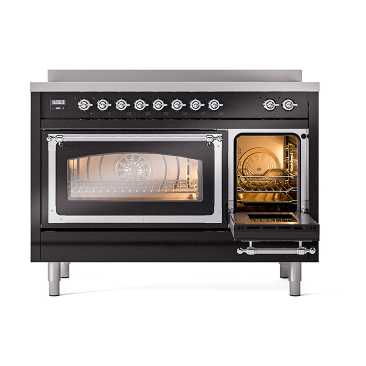 Induction range with left oven door open, chrome trim, and lit oven chamber