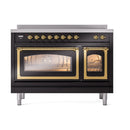 ILVE Nostalgie II Noblesse 48-Inch Induction Range with Triple Glass Door in Glossy Black with Brass Trim (UNI486NMPBKG)