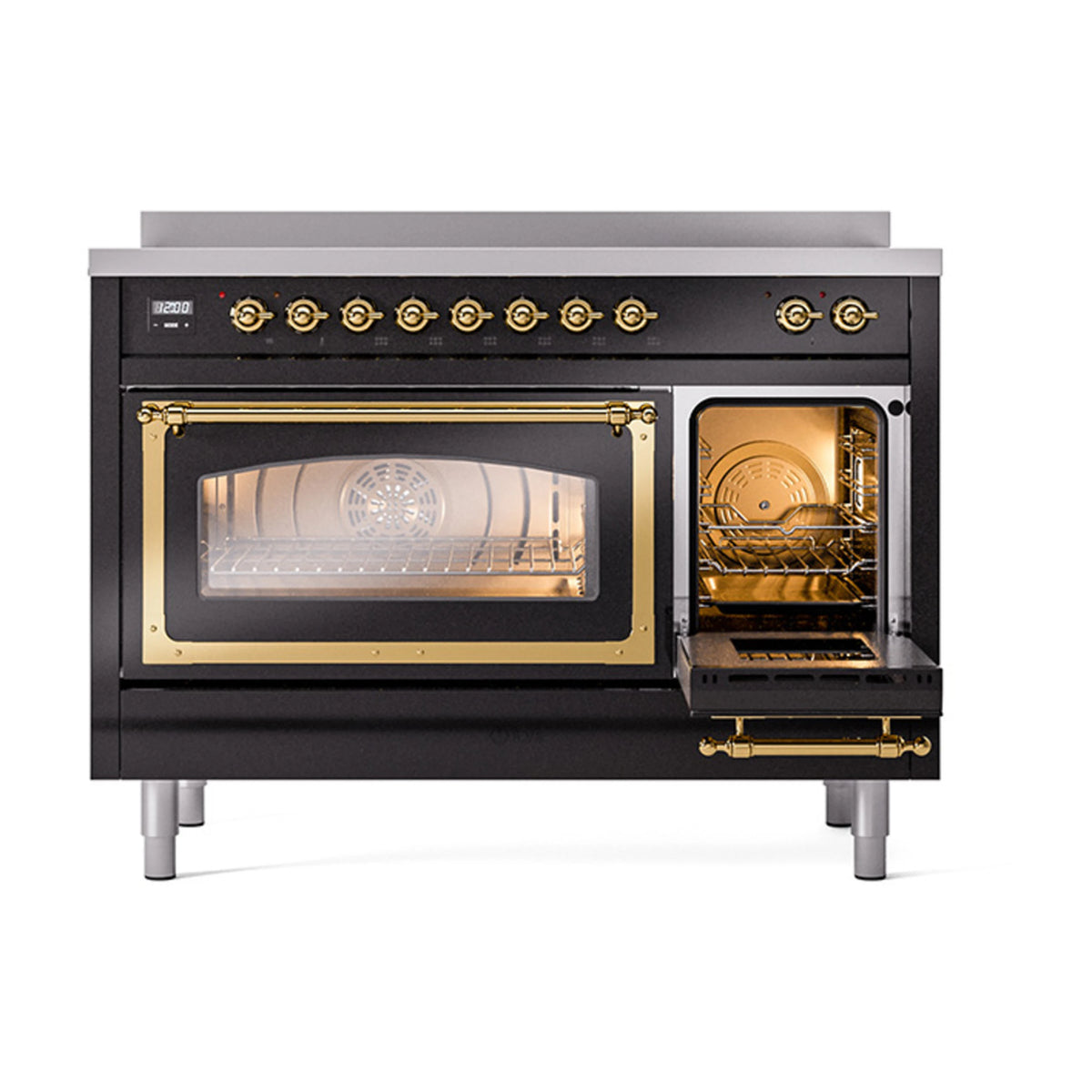 Induction range with door open, brass trim, and lit oven interior through glass