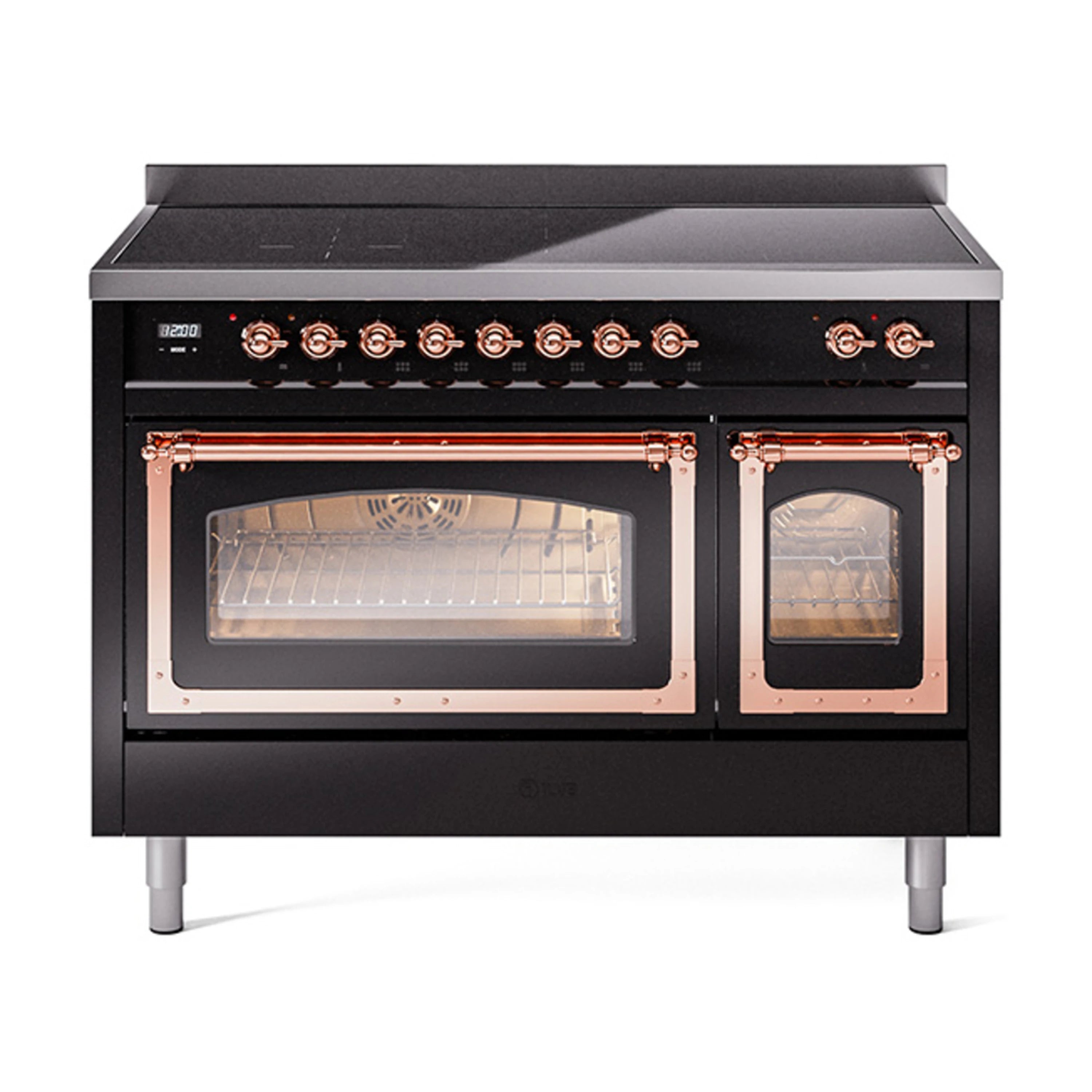 Glossy black induction range with copper-trimmed oven doors and control knobs