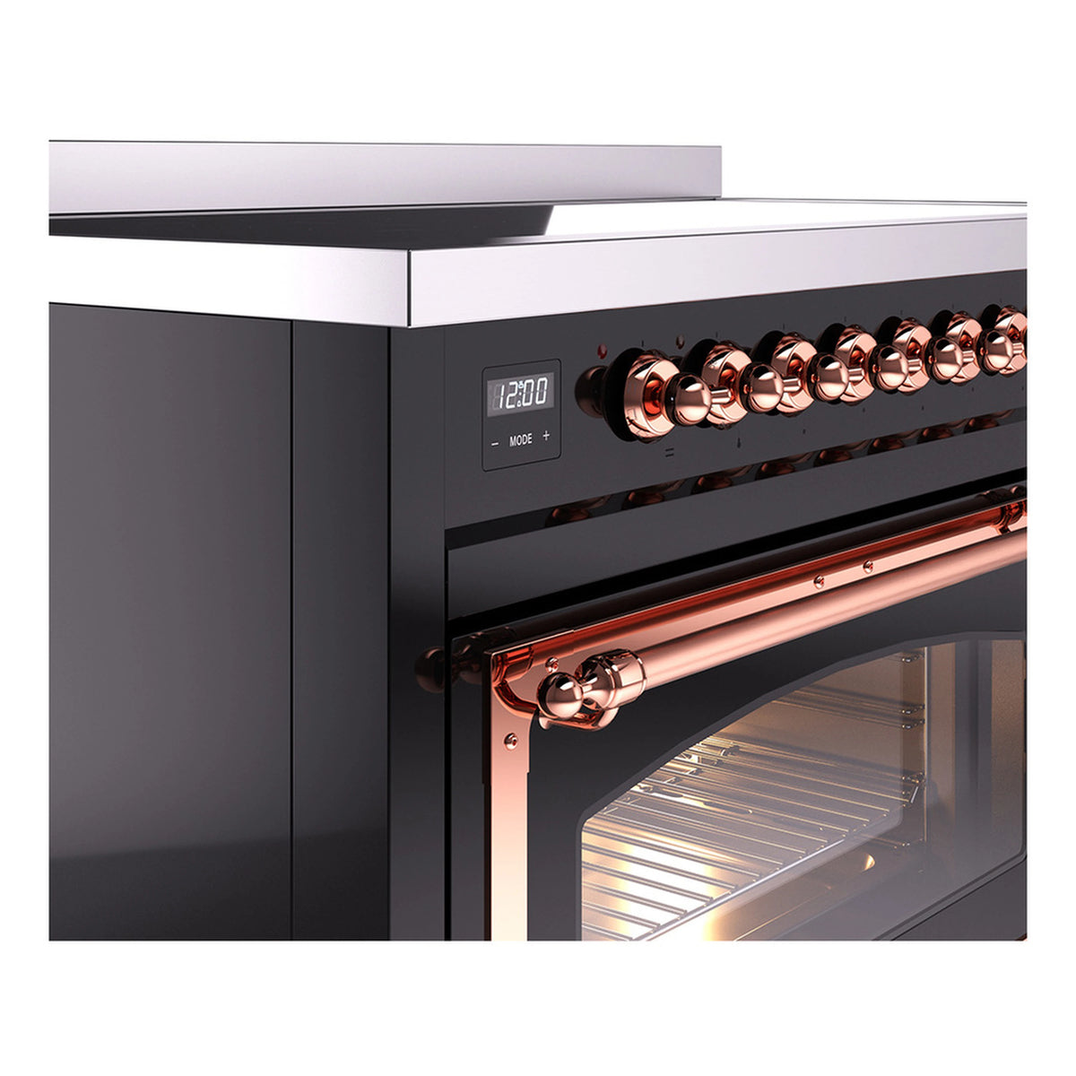 Induction range control section with copper knobs and copper-trimmed oven handle