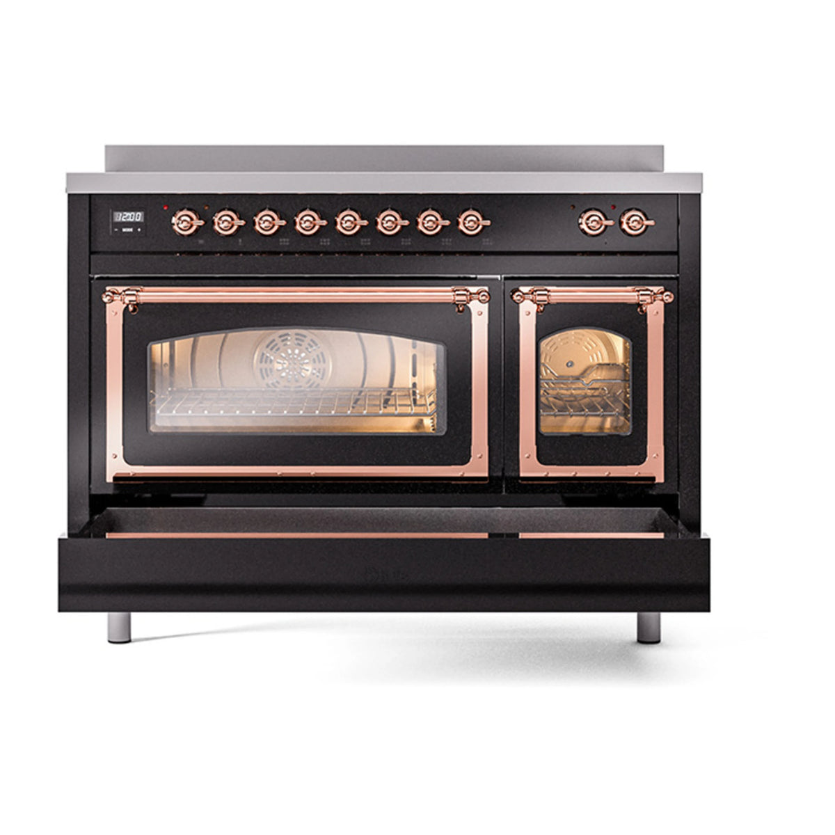 Induction range with oven doors open, copper-trimmed door frames and lit interior