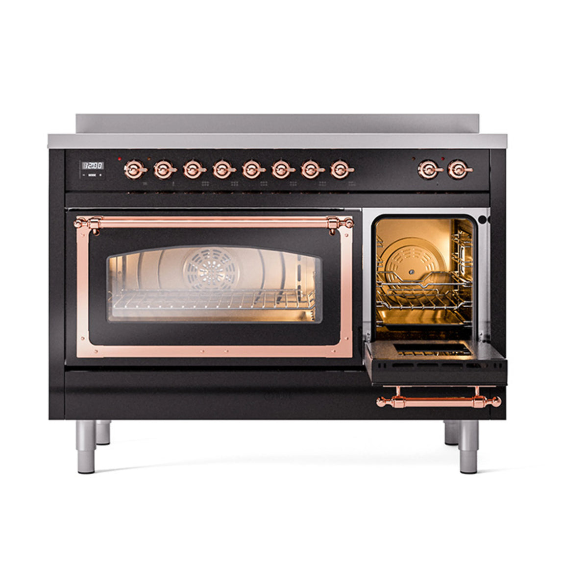 Induction range with oven door open, copper-trimmed triple glass door window