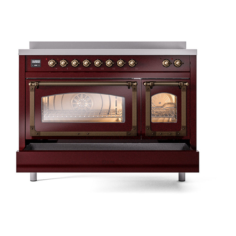 Burgundy induction range front with bronze knobs and two oven glass doors
