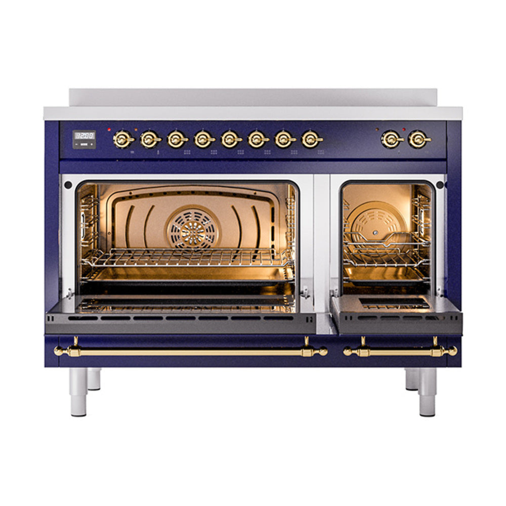 Midnight blue ILVE induction range with triple glass doors open and brass trim