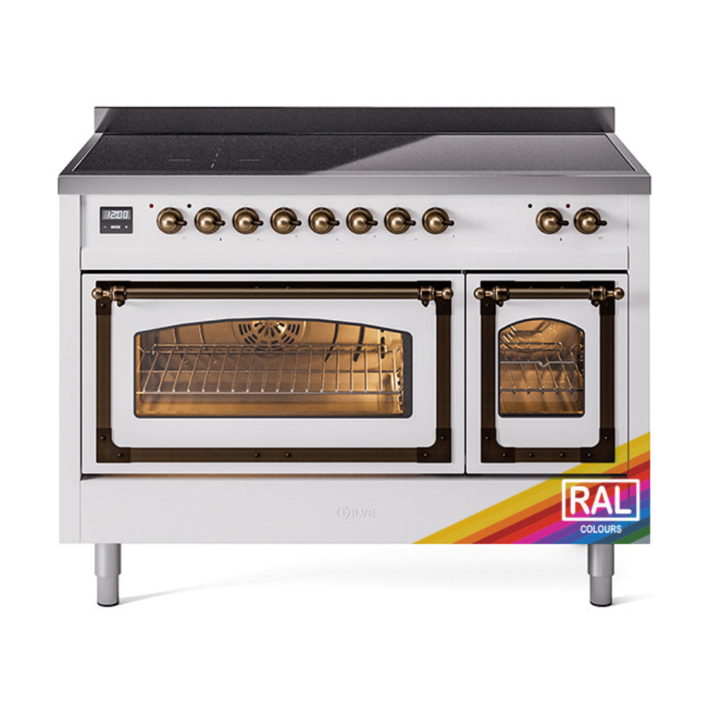 White induction range with bronze-trim triple doors, open oven cavity and burner controls