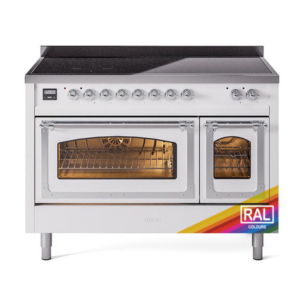 Induction range front view with open triple glass ovens and chrome-trim controls