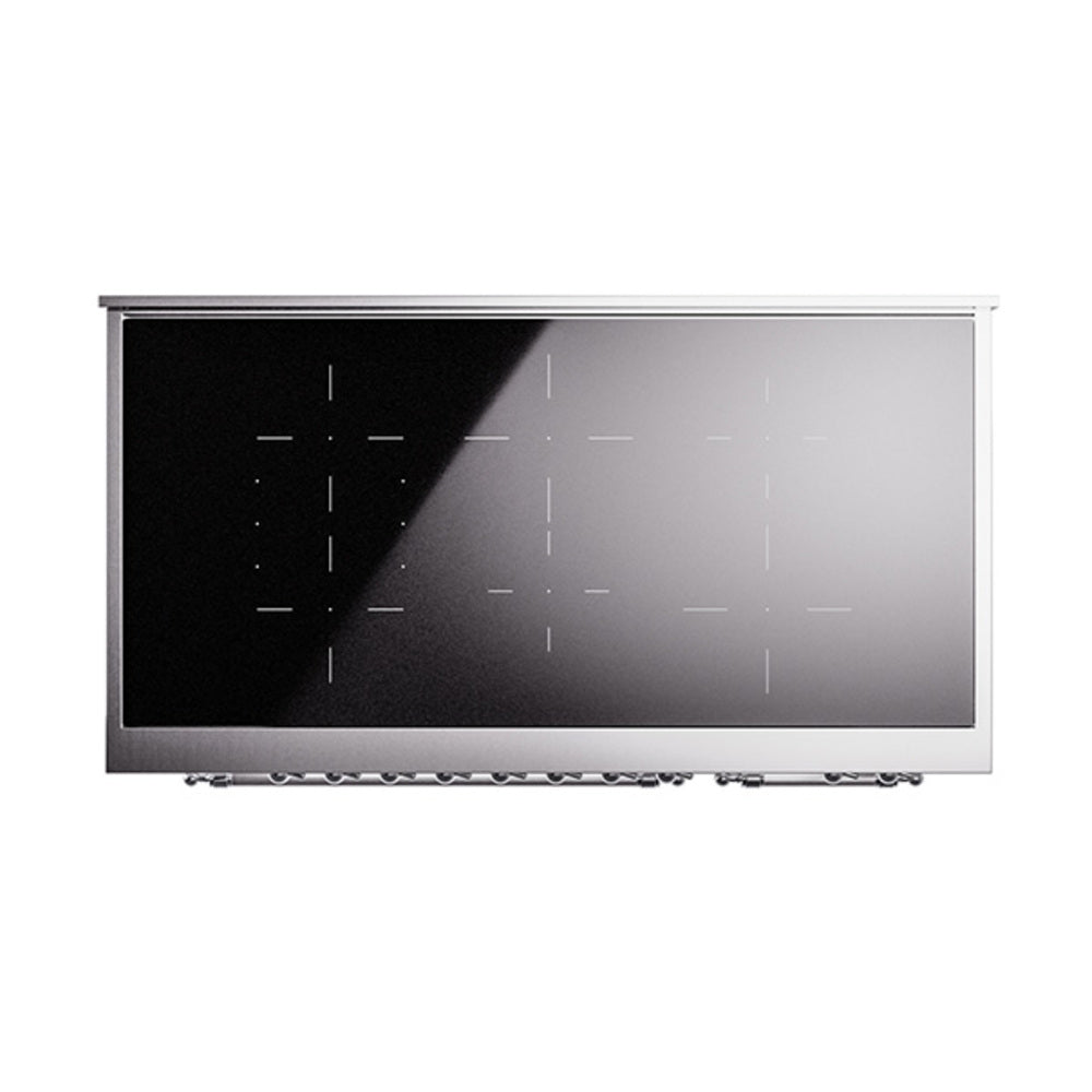 Induction range oven door with dark glass panel and silver frame