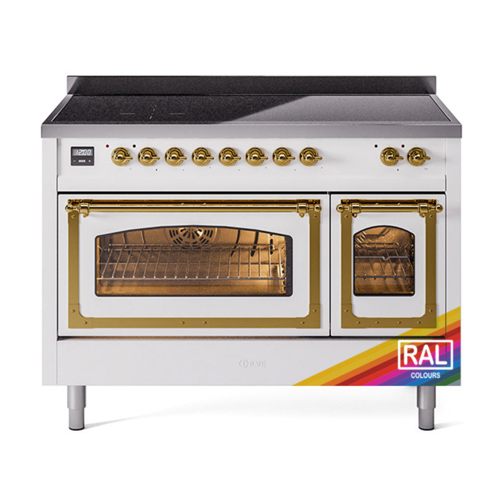 Induction range with brass-trimmed ovens and triple glass doors, white finish