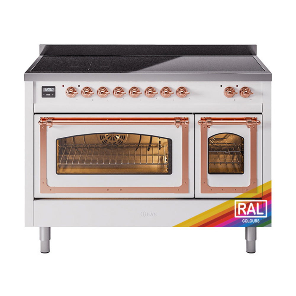 ILVE 48-inch induction range front view with glass oven doors and copper trim