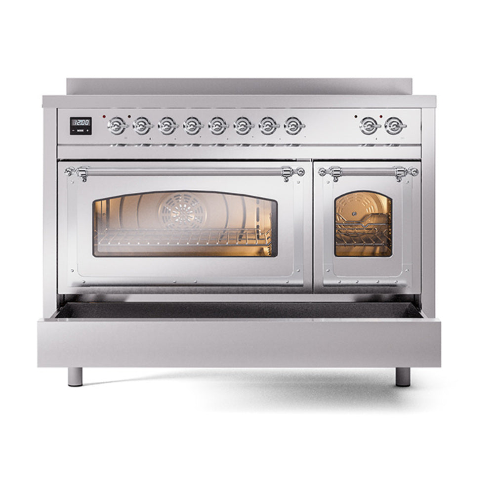 Induction range with left oven door open and glass windows, front view