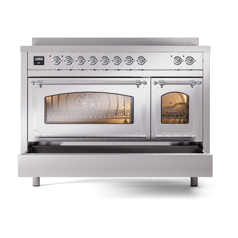 ILVE Nostalgie II Noblesse 48-Inch Induction Range with Triple Glass Door in Stainless Steel with Chrome Trim (UNI486NMPSSC)