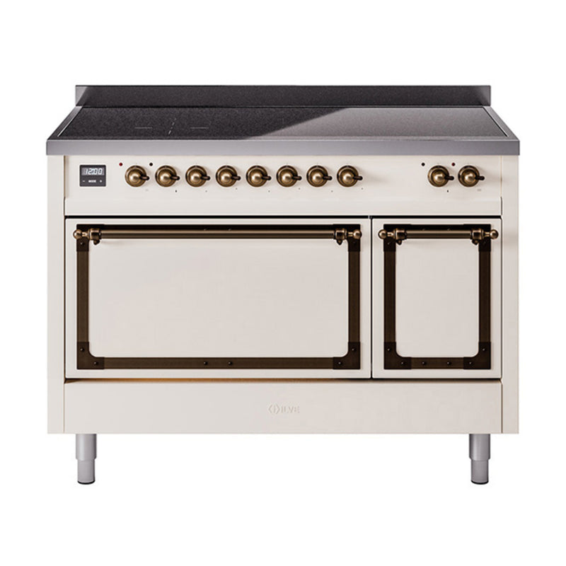 ILVE Nostalgie II Noblesse 48-Inch Induction Range with Solid Door Oven in Antique White with Bronze Trim (UNI486QNMPAWB)