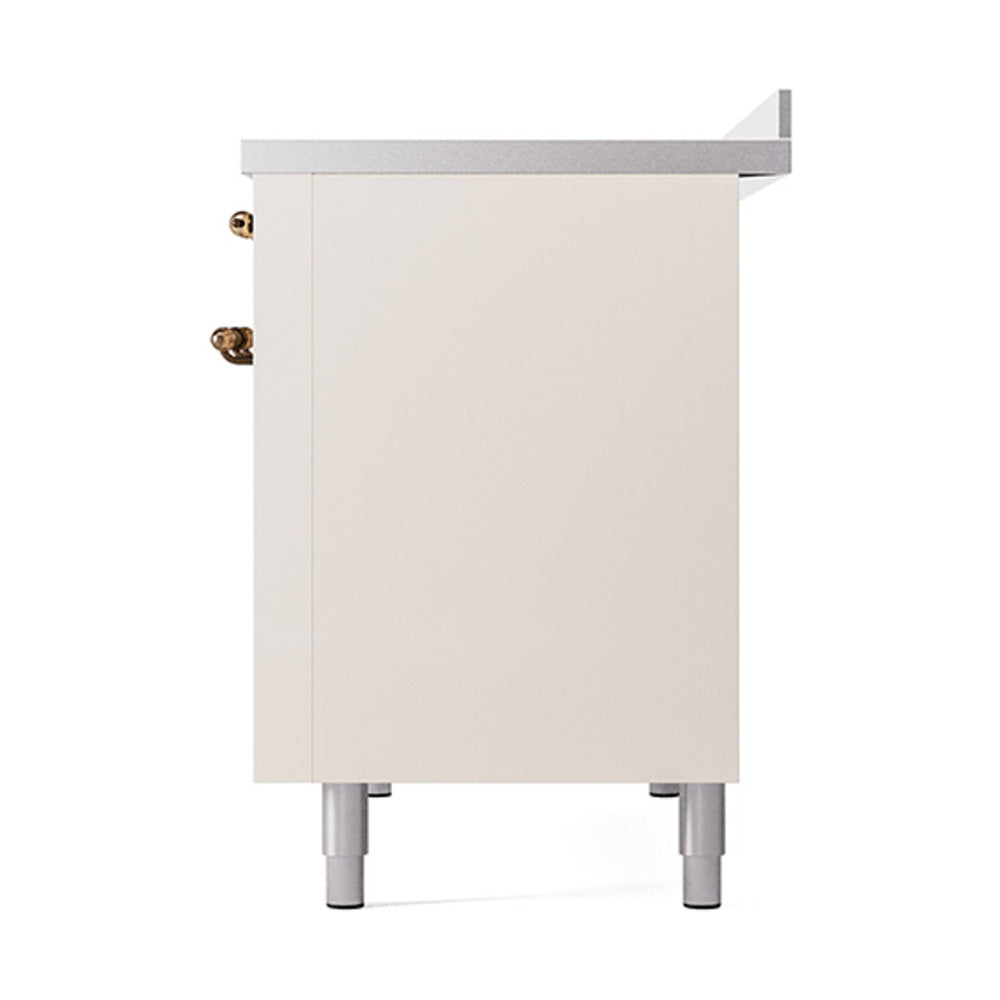 Antique white range side cabinet with bronze hinge details and leveling feet