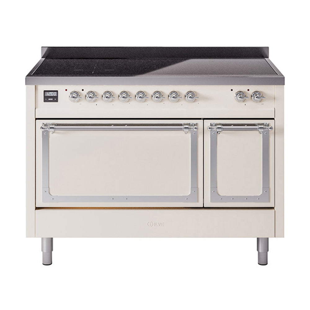 ILVE induction range with closed dual oven doors, antique white body and chrome knobs