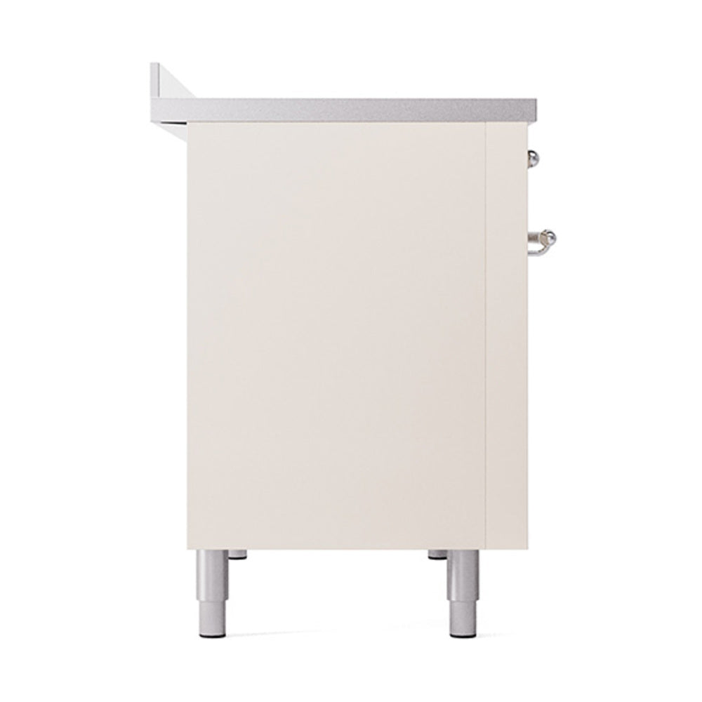 Antique white lower oven cabinet with solid door and chrome-trim legs