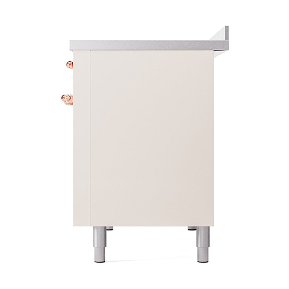 Antique white side panel for oven range with copper trim and leveling feet