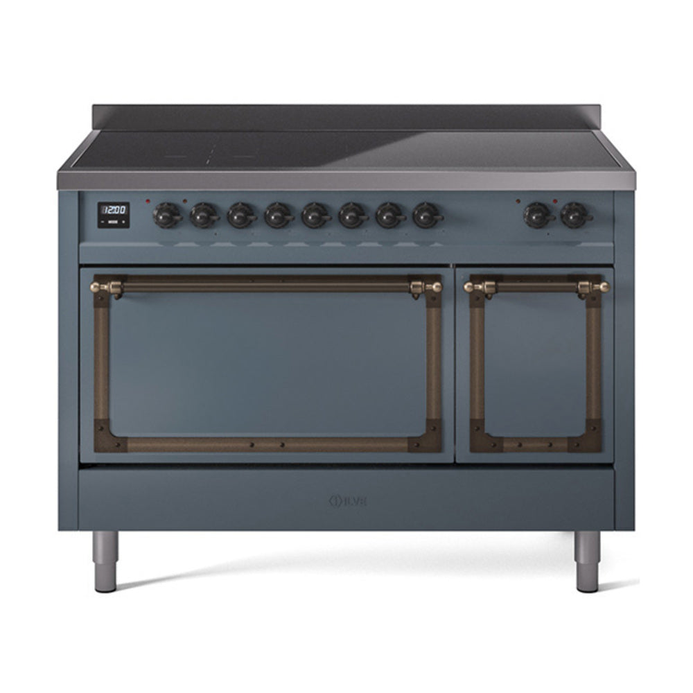 Blue grey induction range with two oven doors open, control knobs, and bronze hinges