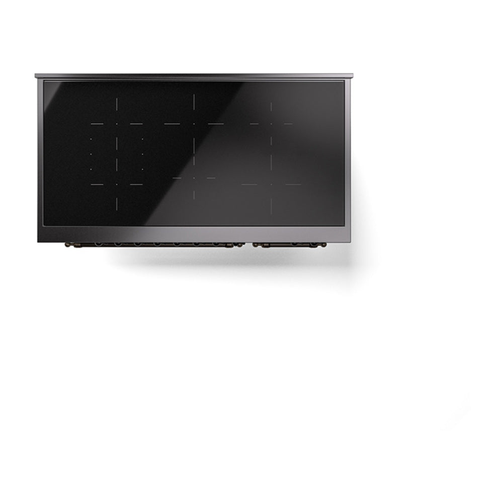 Blue grey induction range control panel with dark glass and circular knobs