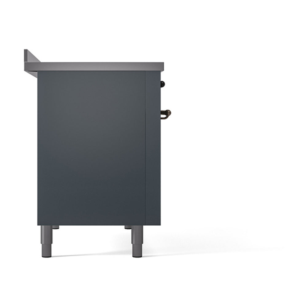 Blue grey induction range side panel with black knobs and four leveling feet