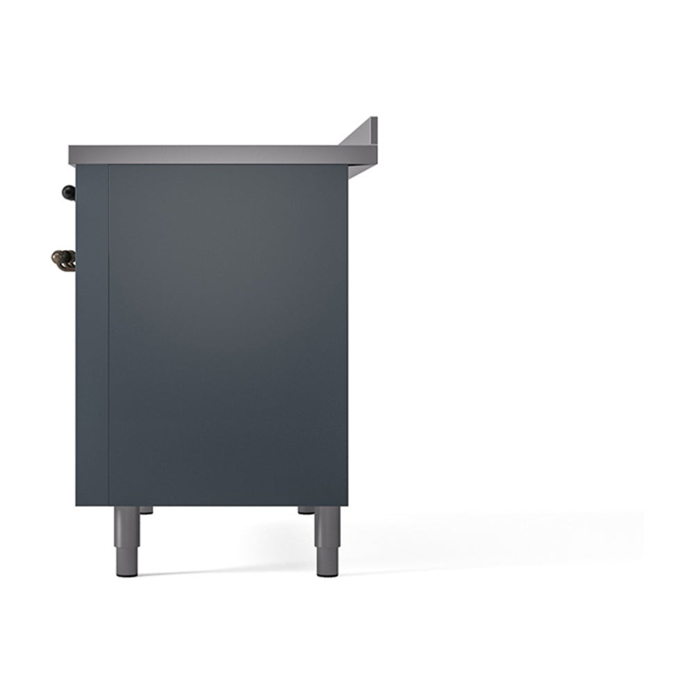 Blue grey induction range rear side panel with knobs and four leveling feet