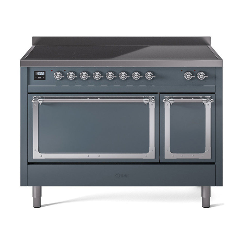 Blue-grey induction range with two oven doors and front control knob row