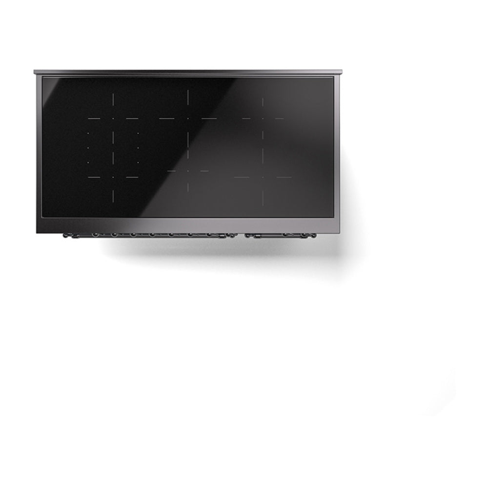 Dark cooktop panel with burner markings and front control area