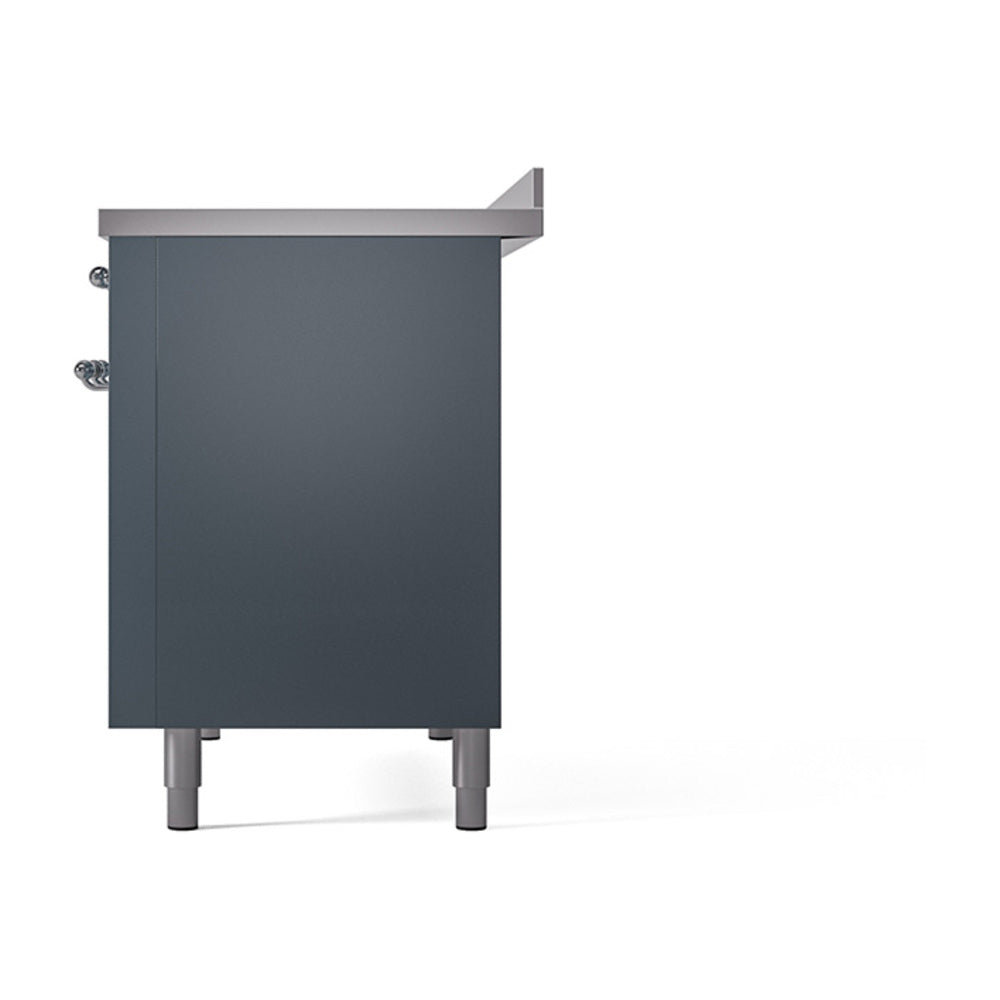 Blue-grey solid oven door with side knobs and silver leveling legs