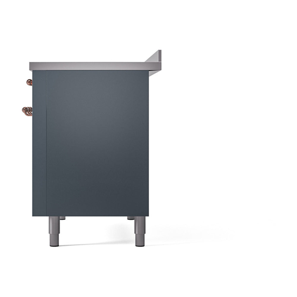 Blue-grey range with solid side panel and copper-toned knobs