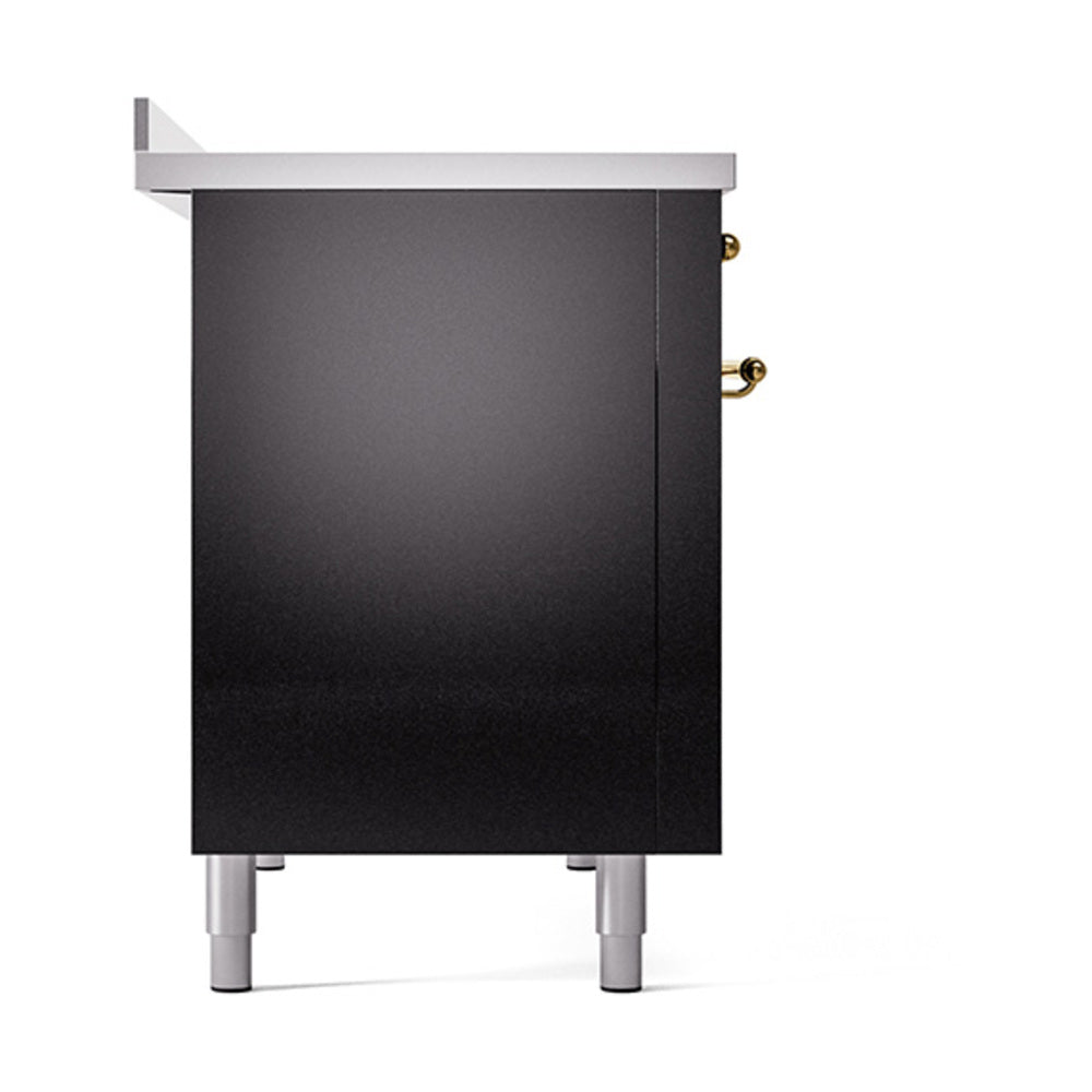 Black oven cabinet side panel with brass handle knobs and silver legs